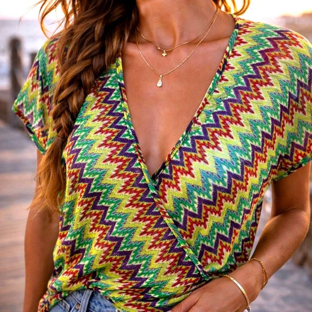 Exact 12 Neon Sz M Zig Zag Knit Top Bold Green Faux Wrap V Neck Boho Festival - Picture 2 of 10